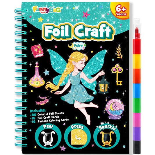 FUNNYB&G Foil Art Craft Kit for Girls 4-10 Years Old: Mess-Free & No-Glue, Create 16 Sparkly Fairy Pictures – Perfect Travel Toy & Birthday Gift for Kids（Fairy）