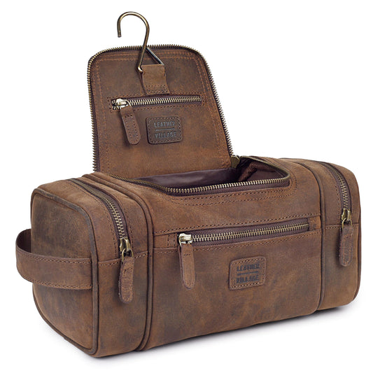 LEATHER VILLAGE Genuine Leather Travel Dopp Kit for Men & Women – Large Capacity Hanging Toiletry Bag with Water-Resistant Lining – Ideal for Travel, Grooming & Gym - Brown