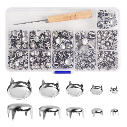 SBYURE 1000 Pcs Round Dome Studs 5 Sizes Studs for Clothing Round Dome Studs and Spikes Prong Studs Kit for Leather Craft Clothing Belts Bags Shoes Bracelets Dog Collar Accessories DIY (Silver)