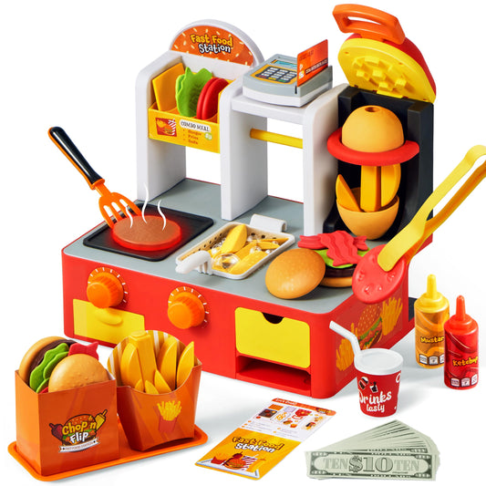 lalalark Restaurant Play Food Set Toy, 40+ PCS Fast Food Playset with Potato Cutter, Simulated Frying Effect & Lights, Order, Card & Drink Station, Interactive Role Play Toy Birthday Gift
