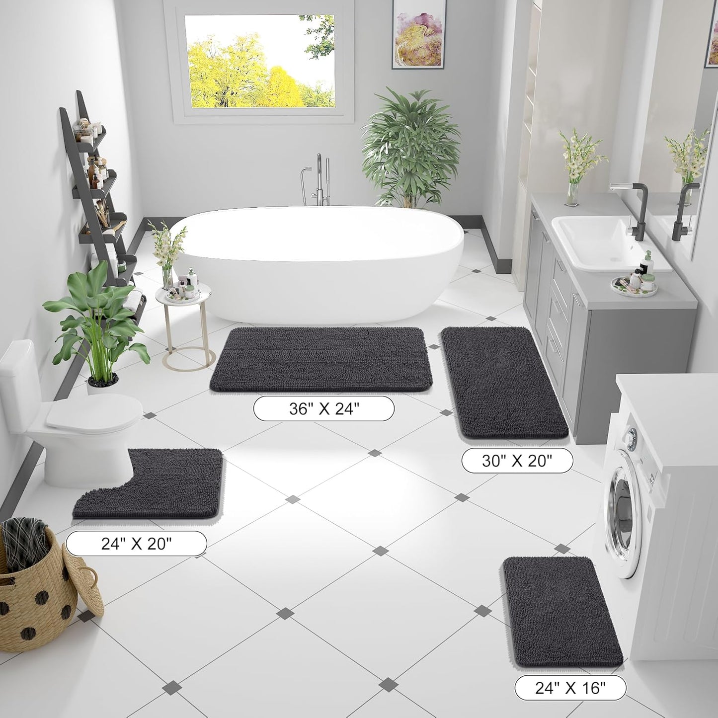 OLANLY Bathroom Rugs - Extra Soft Chenille Bath Mats with Rubber Backing | 44x24, Quick Dry, Dark Grey