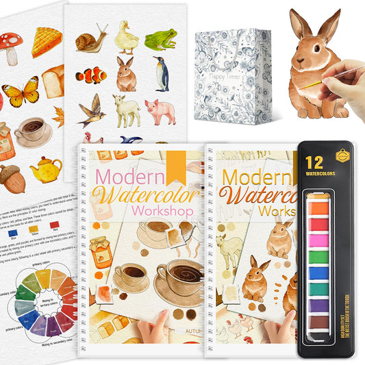 2Pcs Watercolor Workbook Beginner-Friendly Watercolor Workbooks Water Coloring Book with 12 Colors Paint Color, Beginner Watercolor Painting Kit with Step by Step for Adults Watercolor Paper