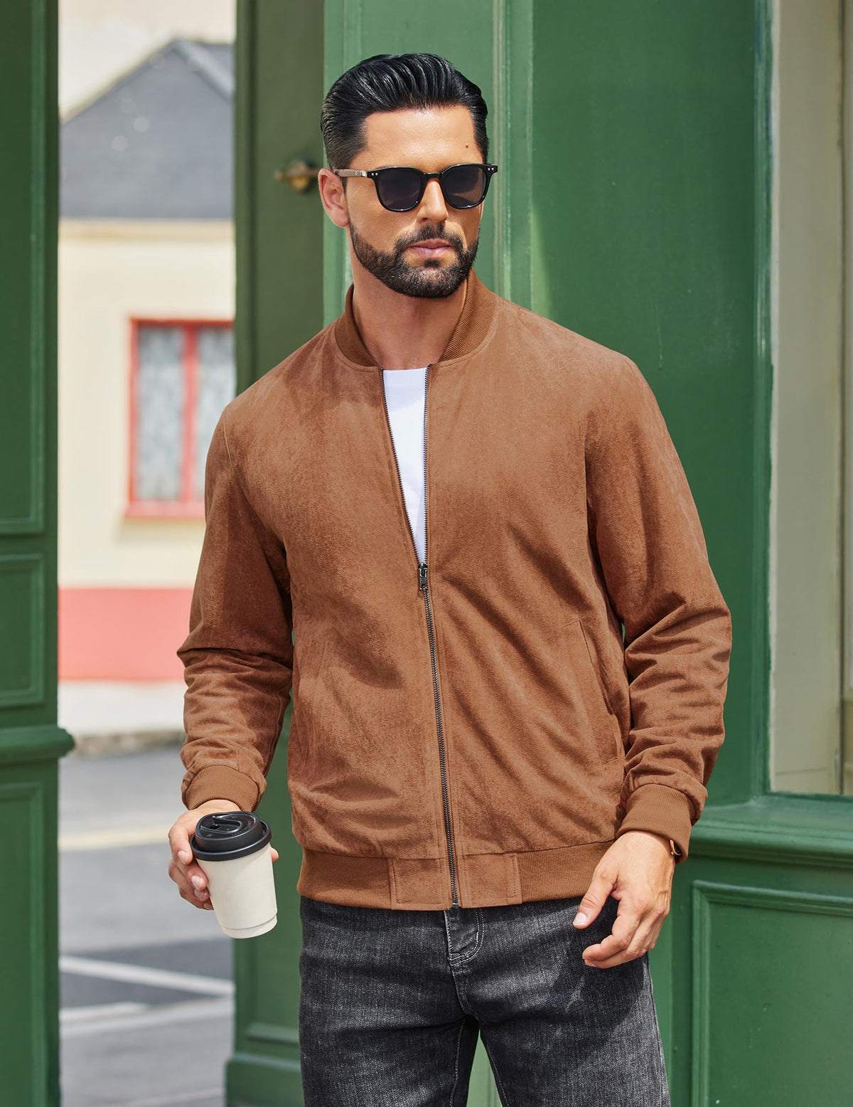 COOFANDY Mens Lightweight Faux Suede Jacket Casual Bomber Jackets Vintage Varisty Coat, Brown, Medium