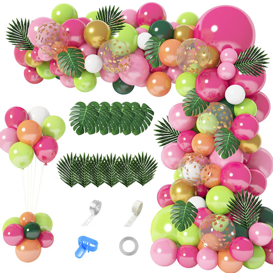 146Pcs Tropical Balloons Garland Arch Kit, Hawaiian Luau Tropical Aloha Flamingo Party Decorations Hot Pink Fruit Green Rose Gold Confetti Balloons Palm Leaves Birthday Baby Shower Wedding Supplies