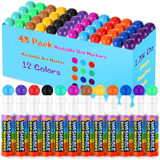Crtiin 48 Pack Washable Dot Markers for Toddler Kids 1.35 oz Large Dauber Marker Supplies Bulk Washable Art Marker 12 Colors, Kid Painting Drawing Coloring Supplies, Paint Craft Preschool Learning