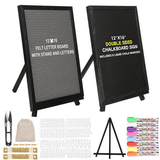 12x16 inch Double Sided Chalkboard and Felt Letter Board with Stand - Reversible Wooden Frame Easel for Menu, Announcements, Home, Office, Cafe, Restaurant Decor