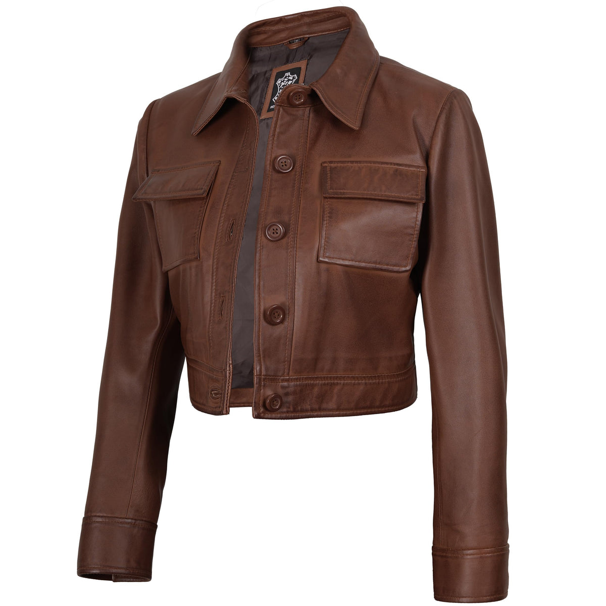 Decrum Women Leather Jacket - Leather Cropped Jacket Women | [1330814] Freddie Cognac Wax, L