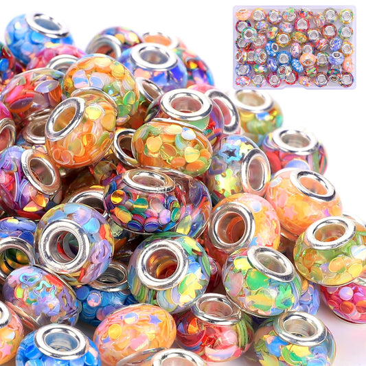 AIPRIDY Girls' Lucky Lover Amber Beads, Big Hole Spacer European Craft Beads for DIY Charms Bracelet Jewelry Making (Fishscale Silver Core)