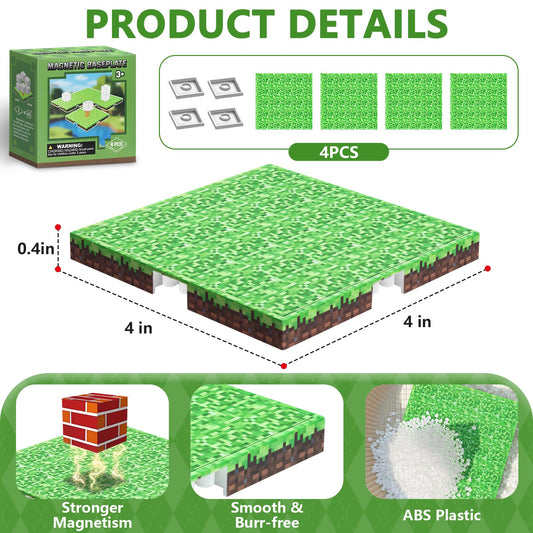Youngyes Magnetic Blocks Baseplate - Magnet Toys for Kids, 4PCS Baseplate for Minecraft Magnetic Building Blocks Placing 4" x 4", STEM Toys Birthday Gifts for Boys Girls Age 3+ Years Old, Grassland