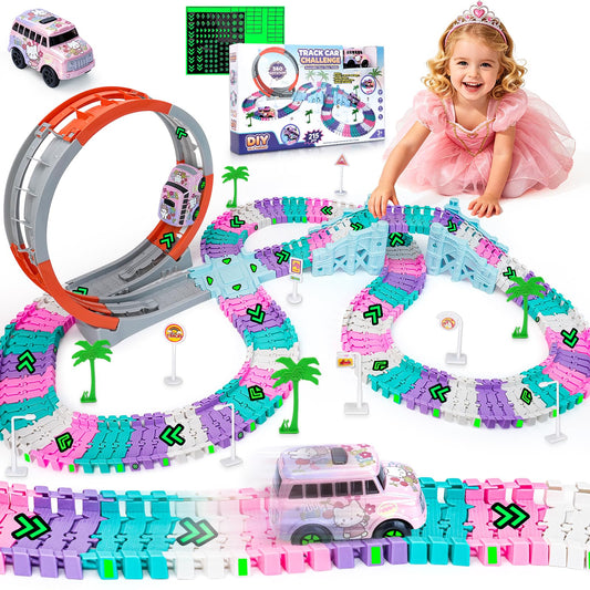 215 PCS Unicorn Race Tracks for Kids Toys, Glow in The Dark Magic Toy Set with 360° Loop Ramp, 1 Unicorn Car Track, Flexible DIY Track Set, Birthday Gift for 3-9 Year Old Boys Girls Toddlers