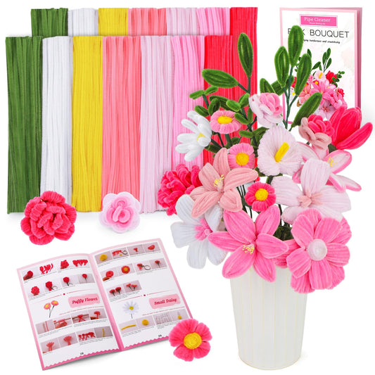 ZXIIXZ 550 Pcs Pink Pipe Cleaners Craft, 7 Colors Pipe Cleaners Craft Flower Kit, Chenille Stems Pipe Cleaner Bulk with Tutorial, Flowers DIY Craft Supplies for Festivals Decorations