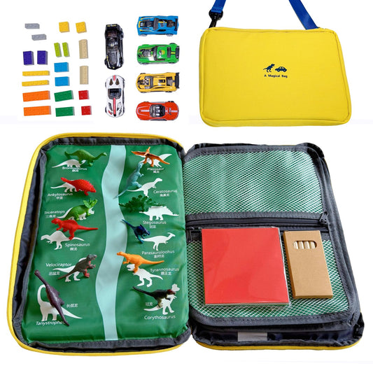 Portable kids toys storage bag with alloy toy cars, simulated dinosaurs, building blocks, base plates and a city road map. Educational travel toy set, suitable as a birthday gift for children aged 3-6