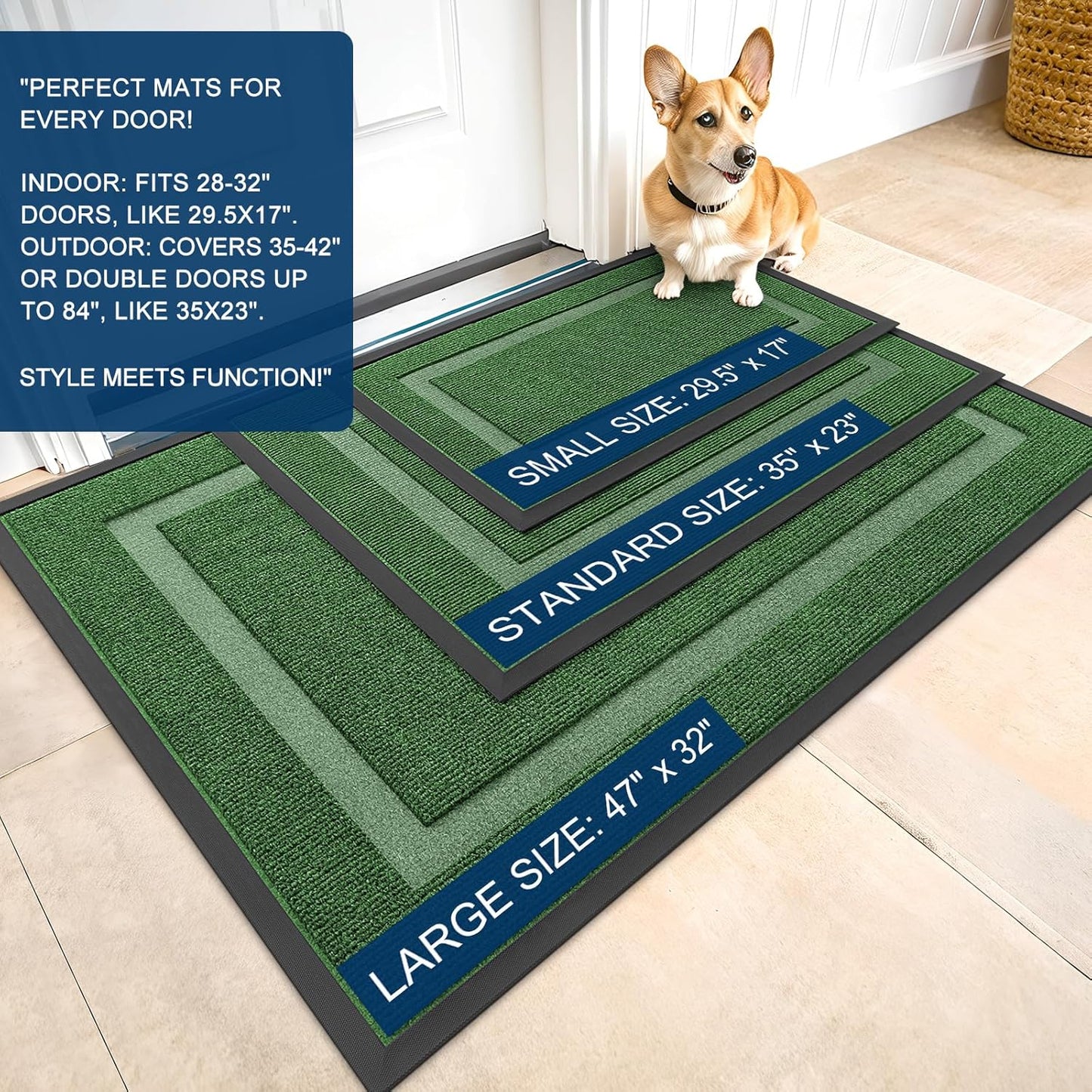 OLANLY Waterproof Front Door Mat - All-Season Indoor/Outdoor Doormat | Sturdy Natural Rubber, 59x23, Green