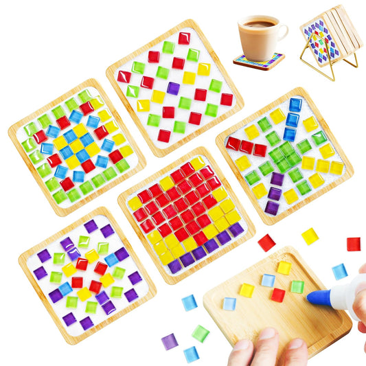 Karidge Mothers Day Gifts Set of 5 DIY Glass Mosaic Kit for Adults Women, Mixed Color Mosaic Tile Kit & Wooden Coasters, Mosaic Coaster Craft Kit for Art Supplies Handmade Home Decoration Gift