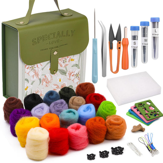 Mayboos Needle Felting Kit, Wool Roving 20 Colors Set, Wool Felting Kit Felt Molds with Portable Storage Box for DIY Craft Home Decoration (Green Bag)