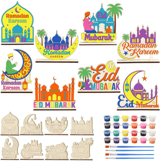 DoubleFill 16 Pcs Wooden Islamic Crafts, DIY Mubarak Tabletop Signs with Paint Strips and Brushes, Paint Your Own Muslim School Classroom Art Activity Kit for Mosque Party Home Decor, Back to School