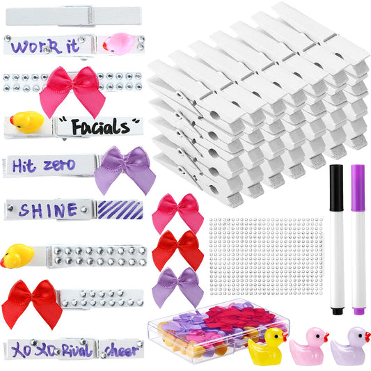 Dingion 60 Set Cheer Pins Spirit Clips Include 60 Wooden Clothes Pin Resin Ducks Bows Self Adhesive Glitter Sticker Pen Glue Ribbon for DIY Cheer Accessory Schoolbag Decor Team Craft Gift(White)