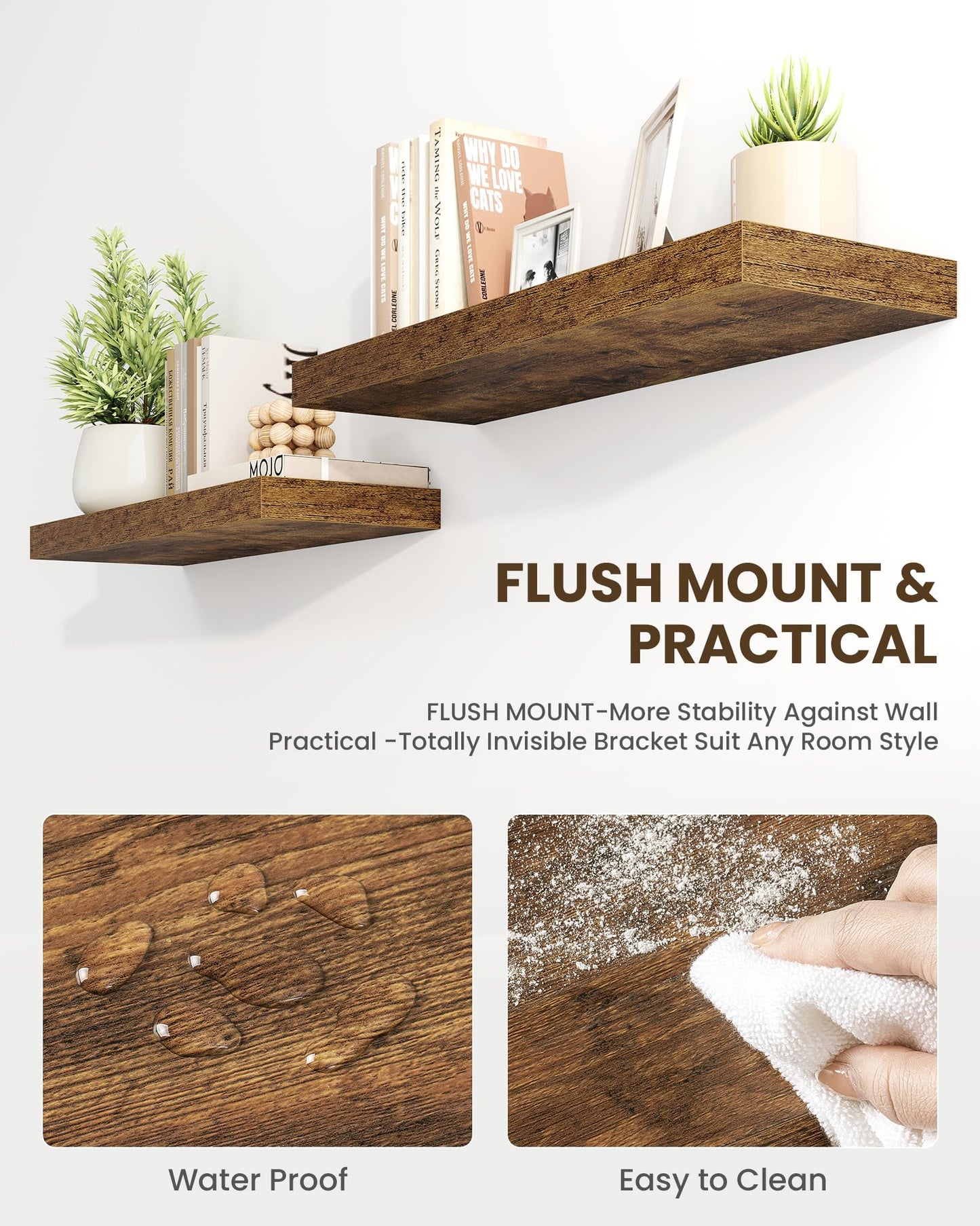 Marsmiles 30" Floating Shelves for Wall, Wooden Shelves with Invisible Brackets Set of 2, Rustic Farmhouse Wall Mounted Shelf for Kitchen Bathroom Living Room Study, Rustic Brown