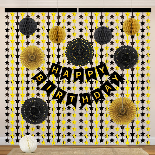 Black and Gold Party Decorations, 13Pcs Hanging Paper Fans Star Foil Curtains Happy Birthday Banner & Honeycomb Balls for Graduation Decorations 2026 and Birthday Party Supplies