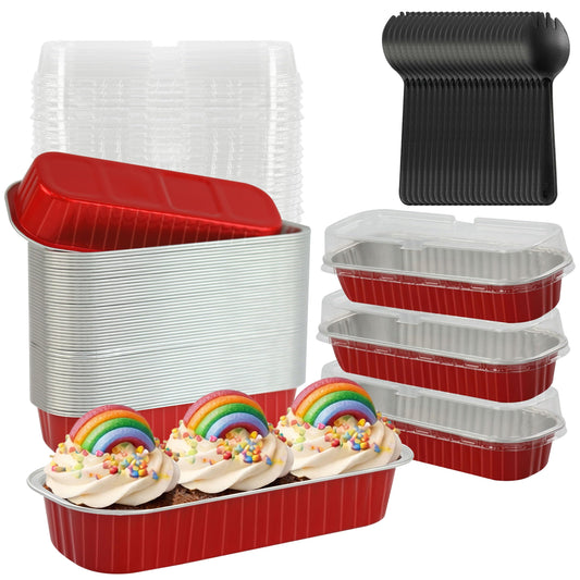 Mini Loaf Pans with Lids, BAKINGPAK 50PCS 6.8OZ 200ML Mini Cake Pans Disposable Aluminum Foil Cupcakes Pans with Lids for Halloween Party Birthday, Orange