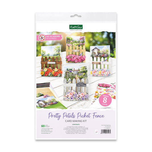 Katy Sue Pretty Petals Picket Fence Card Making Kit. Contains 8 Shaped Cards, 2 Sheets of Die Cut Decoupage, Foam Pads, 8 Envelopes & Instructions. for Card Making Supplies & Card Crafting