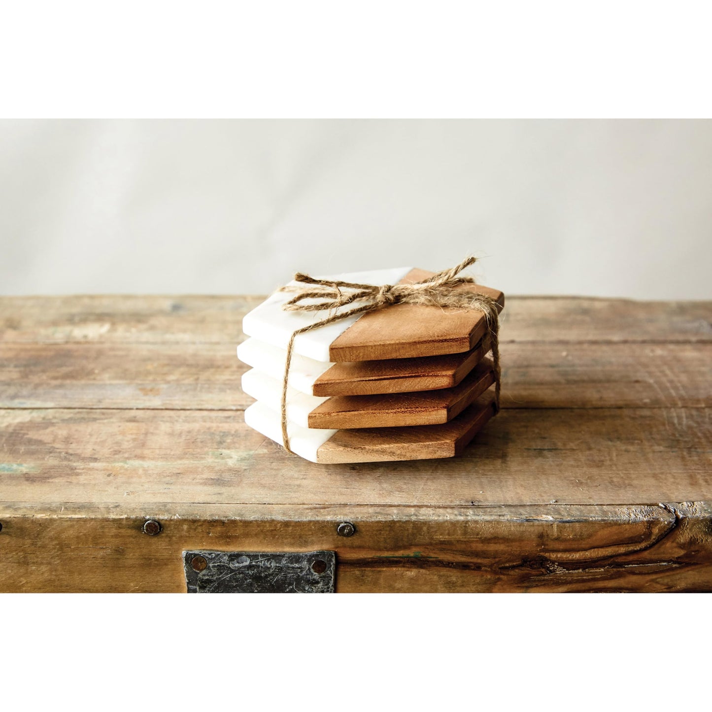 Creative Co-op Marble & Mango Wood Hexagon Coasters (Set of 4 Pieces)