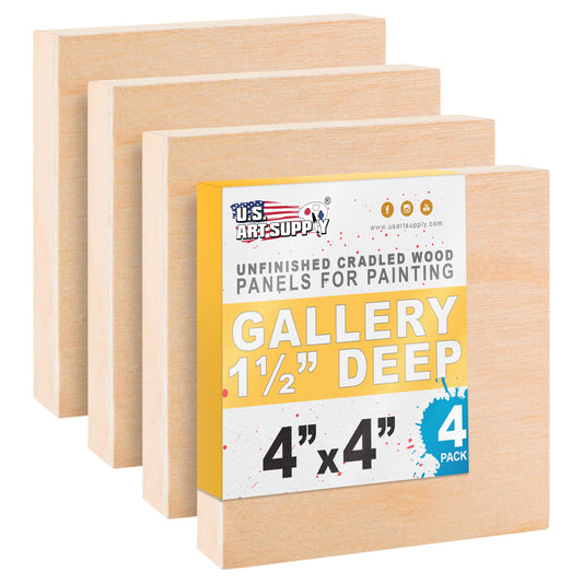 U.S. Art Supply 4" x 4" Unfinished Cradled Wood Panels for Painting, Gallery 1-1/2" Deep (4 Pack) - Artist Depth Birch Wooden Wall Canvases - Mixed-Media Craft, Acrylic, Oil, Encaustic, Paint Pouring