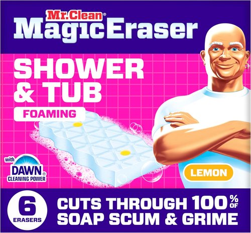 Mr. Clean Magic Eraser Sponge - Powerful Soap Scum Remover for Bathroom & Shower | 6 Count with Lemon Scent