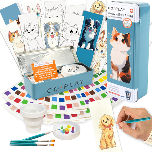 COIPLAY 648 Color Blocks Watercolor Paint Set, 52-Bookmarks, 3 Brushes, Silicone Cup, Meow/Bark Coloring Books, for All Ages, All in One Art Supplies, Birthday Gift, Christmas Gift, Gift for Adults Craft kit