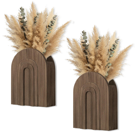 2 Pack Wood Wall Vase Natural for Pampas Grass & Dried Flowers, Rustic Farmhouse Decor for Bathroom Living Room Bedroom, Wooden Wall Planter