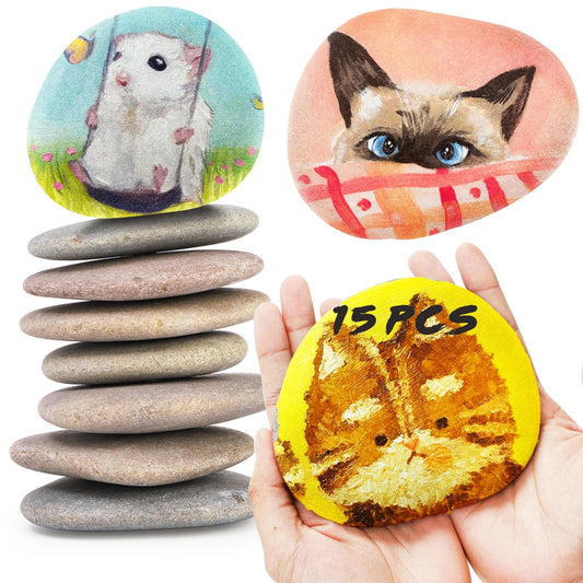 Mezchi 15 Pack Extra Large Flat River Rocks, 3.1-4.7 Inch Smooth Painting Stones, Rock Painting Kit for DIY Arts& Crafts