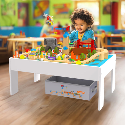 2 in 1 Train Table and Learning Activity Table 112 Pc Wooden Train Set Reversible Educational Top Storage Bin Montessori STEM Play Center Compatible with Thomas Brio Melissa and Doug Toddlers Kids