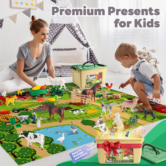 WAIIW Farm Animal Toys for Toddlers,38 PCS Realistic Animal Figurines Toys with 47.2”x31.4” Large Activity Play Mat and Tractor Toy,Farm Playset Educational Learning Toy for Toddlers Kids 3-5