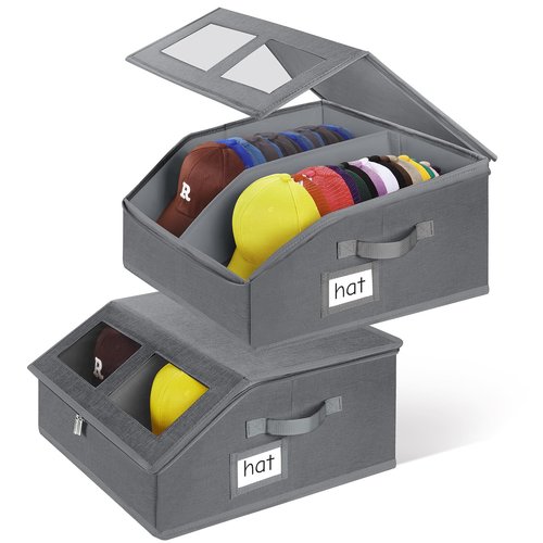 2 Pack Hat Storage for Baseball Caps-Holds Up to 48 Caps, Hat Organizer for Closet Stackable Hat Box with Cardboard, Dustproof Baseball Cap Organizer with 2 Handles for Home Travel (Grey, 2Pack)