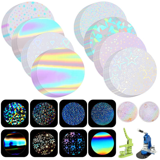 200 Pcs Badge Protective Film 70mm (2.76 in), 8 Styles of Holographic Glitter, Badge Film for 2.25 Inch 58mm Button Maker Machine, 58mm Button Making Supplies