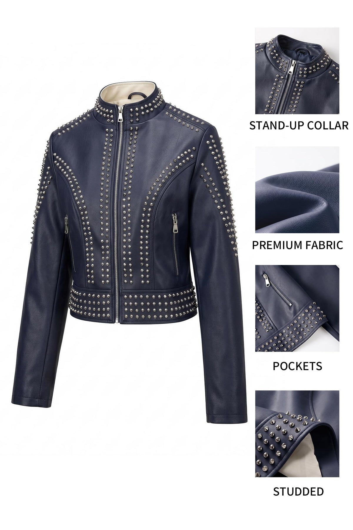 Bellivera Women's Faux Leather Moto Studded Rivet Casual Jacket D.Blue L