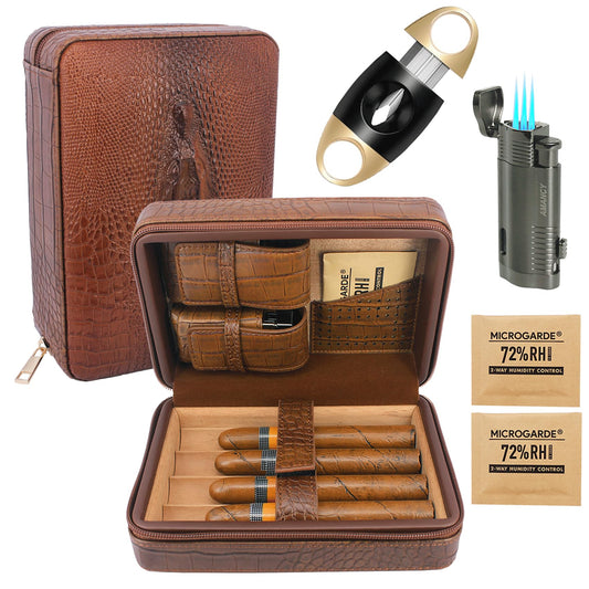Deluxe Cigar Humidor with All-in-one Cigar Accessories, Leather Portable Cigar Case with Elegant Vintage Brown Crocodile Pattern, Comes with Cutter and Lighter