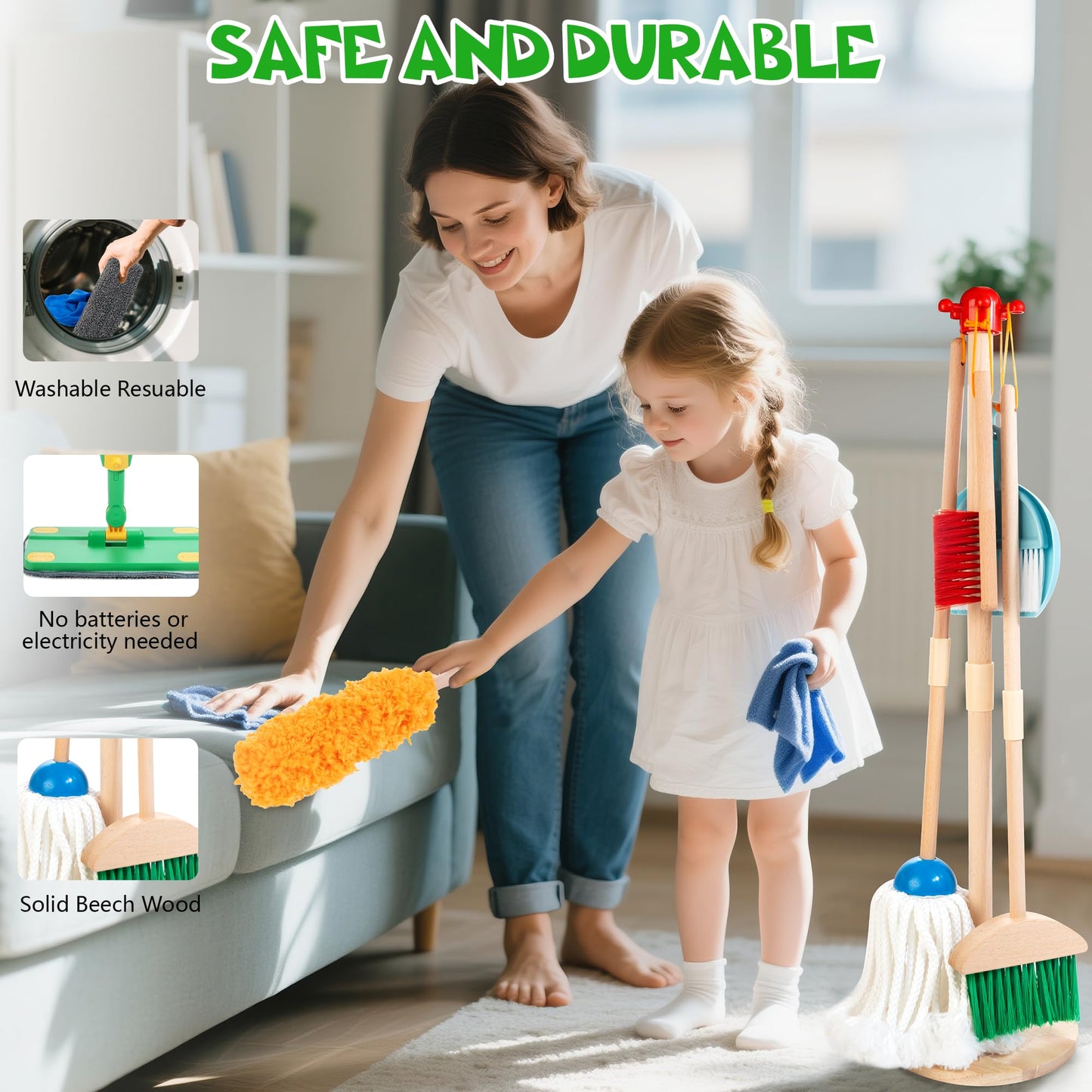Wooden Kids Cleaning Set with Spray Mop, Montessori Cleaning Toys Real Water Sprayer and Toddler Broom Mop Set, Housework Pretend Play Toy Gift for Boys Girls Ages 3+
