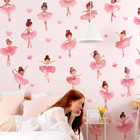 Ballerina Girls Wall Decals, Cute Dancing Girl Art Wall Sticker, Peel and Stick Pink Fairy Decor for Kids Gift Girls Bedroom Baby Nursery Kids Bedroom (Ballerina Girl Wall Sticker)