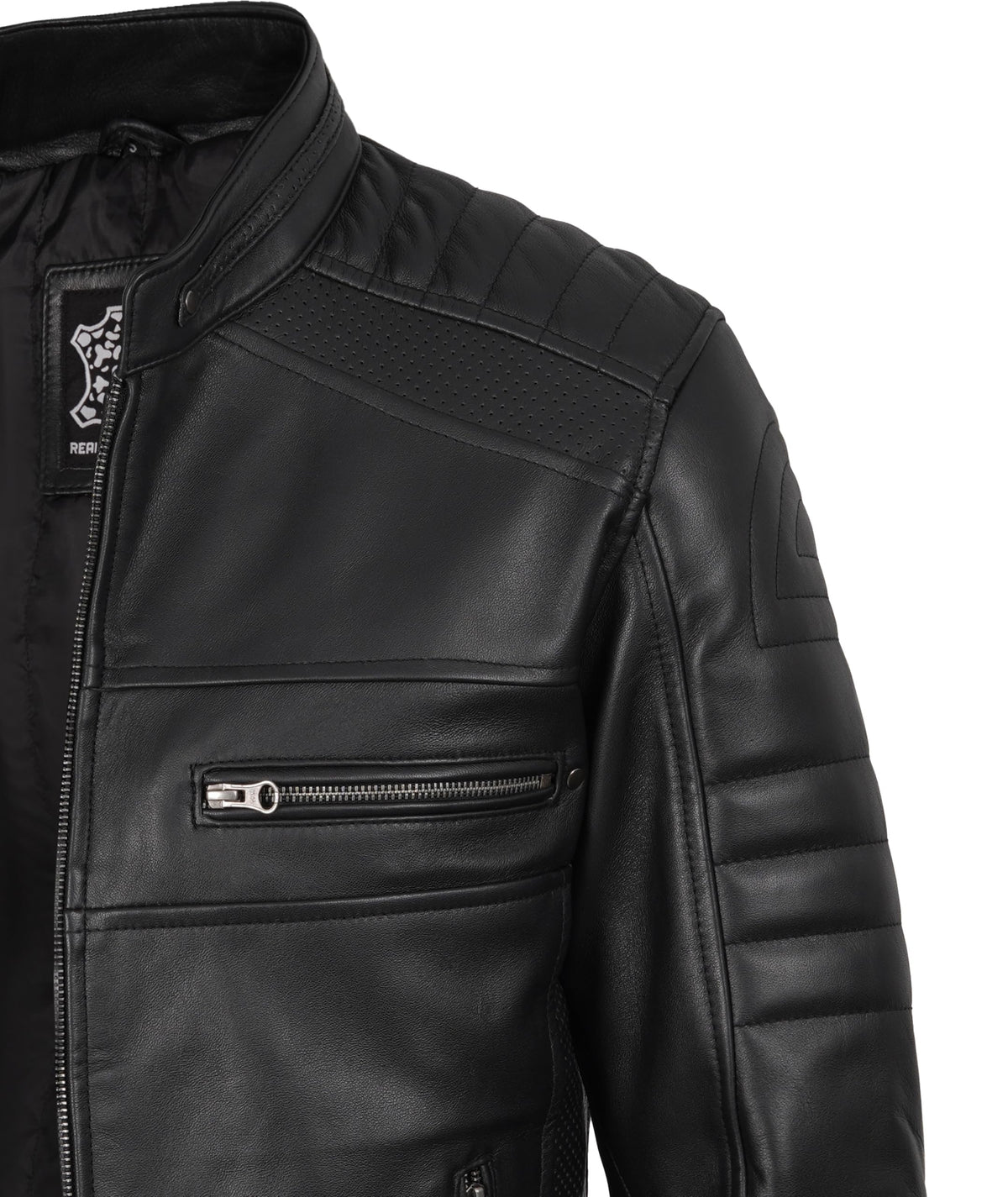 fjackets Cafe Racer Leather Jacket Men - Real Lambskin Natural Grain Austin Black Leather Jacket | [1100072] S
