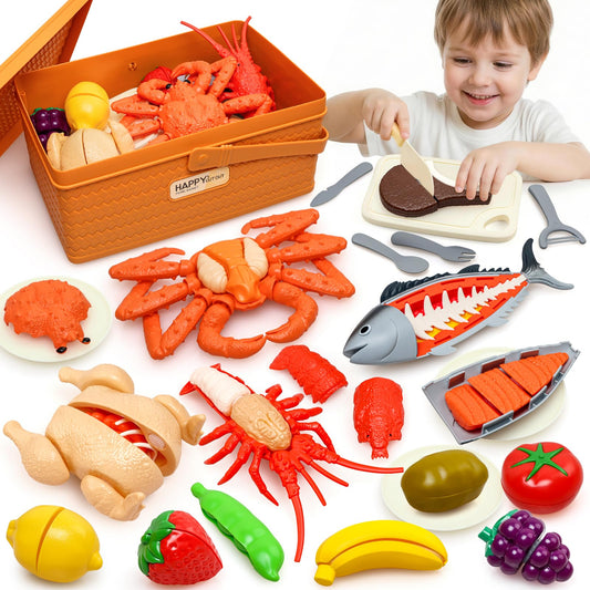 22pcs Play Seafood Cut Toys Set for Kids Play Kitchen, Montessori Toddler Kitchen Playset with Toy Food & Fake Fruit, Kitchen Set for Kids & Toddler Cutting Set, Kitchen Toys for Boys Girls Ages 3 4 5