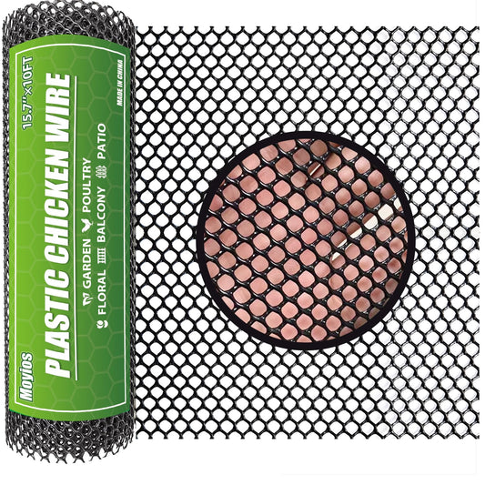 Moyios Black Plastic Chicken Wire Mesh Roll 15.7IN x 10FT, 500GSM Heavy Duty Hexagonal Fencing - Garden Netting for Poultry, Dog Rabbit Barrier, Floral Craft Wire, Easy to Cut Durable Mesh Fencing