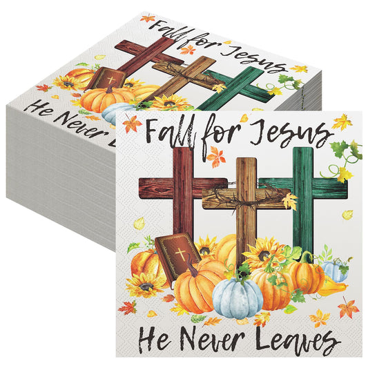 Janlaugh 60 Pcs Fall Paper Napkins Fall for Jesus He Never Leaves Napkin Disposable Autumn Pumpkin Cross Guest Napkins Religious Vintage Dinner Napkin for Autumn Thanksgiving Party Supplies