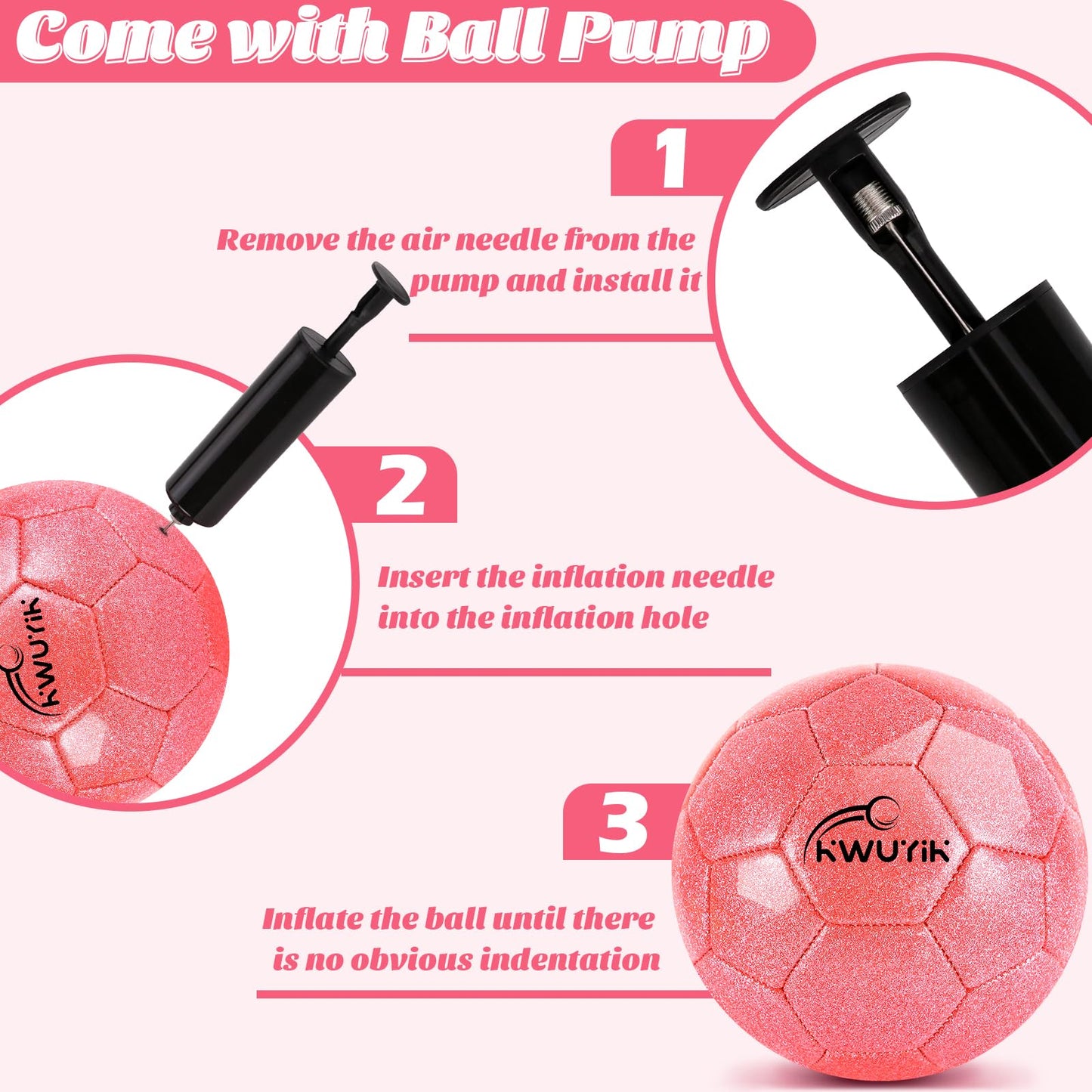 OKWUYiK Size 3 Glitter Pink Soccer Ball Set with Pump Youth Soccer Ball for Kids Aged 4-6 6-8 8-12 Toddler Soft Training Practice for Teens Children Adults Boys Girls