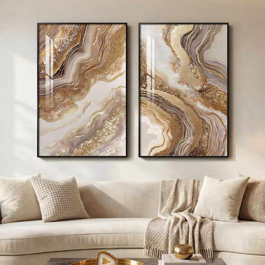 Framed Abstract Brown Gold Wall Art for Living Room, 2 Piece Large Modern Luxury Artwork for Walls, Contemporary Bright Style Picture Prints Paintings for Bedroom Dining Room Office 24x36 Inch