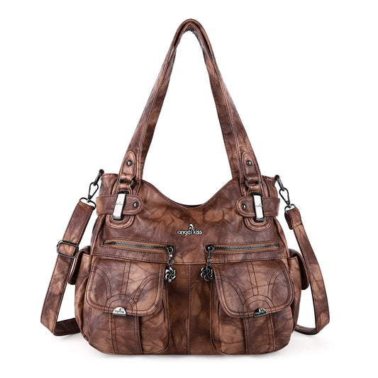 Purses and Handbags Women Tote Shoulder Top Handle Satchel Hobo Bags Fashion Washed Leather Purse (5739-1#7028# 7 BROWN)
