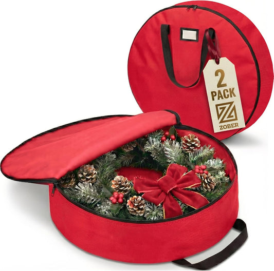 ZOBER Oxford Christmas Wreath Storage Container - 48 Inch Waterproof Wreath Bag with Dual Zippers & Durable Handles - Red