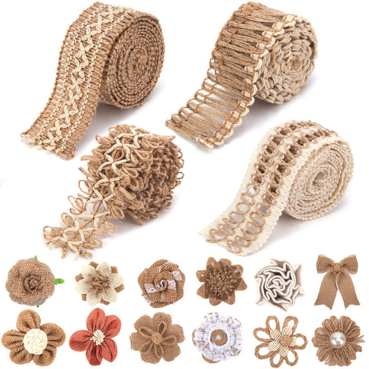 VGOODALL 16 PCS Natural Burlap Flowers Set, Including 12 PCS Handmade Lace Burlap Flowers and Bowknots, 4 Rolls Burlap Ribbon for Christmas Birthday Party Wedding Home Embellishment DIY Crafts