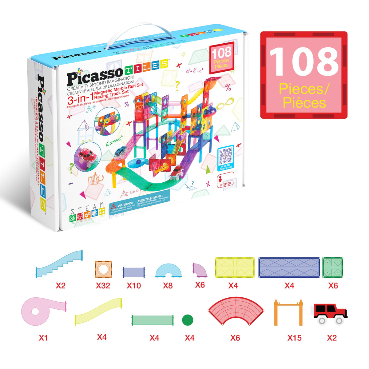 PicassoTiles 108pc Magnetic Marble Run Set with Building Tiles Race Track Car Slides Set STEM Learning Toy 3-in-1 Preschool Construction Kit for Indoor Activity and Development for Kids age 3+ PTG108