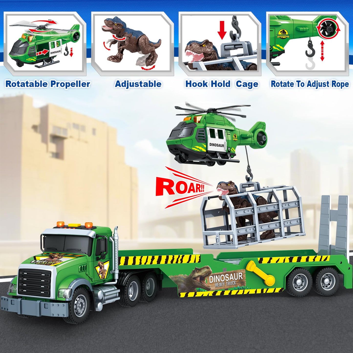 SpringFlower Carrier Dino Truck Kids Toys, 24“ Semi Truck Toy with Helicopter & Dino Toy with Lights, Sounds, Vehicle Toy for Toddlers 3 4 5 6 7, Birthday Gifts for Kids